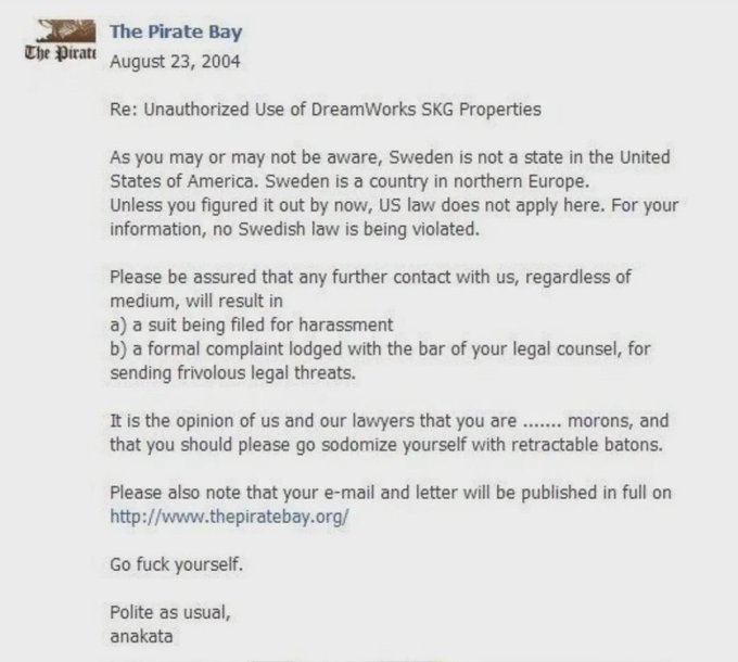 Así respondió Pirate Bay hace 20 años a las amenazas legales de DreamWorks