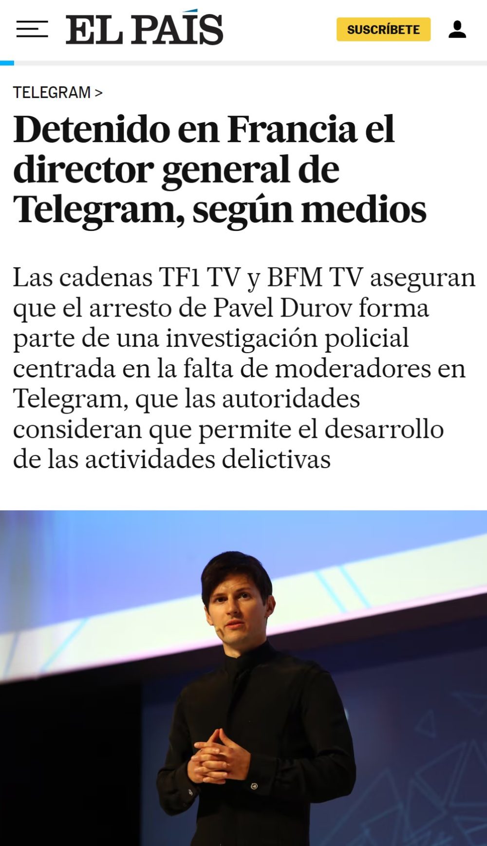 Detienen en Francia al fundador y director general de Telegram, Pavel Durov.
