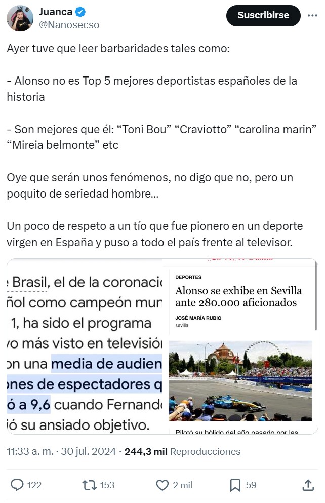 ESPN no mete a Fernando Alonso entre los 100 deportistas más importantes del siglo XXI.