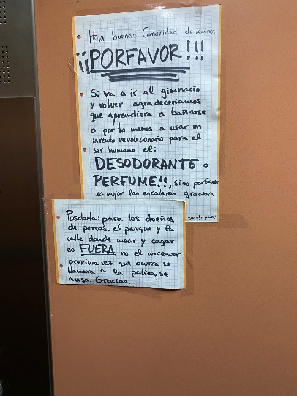 Vecinos colegas que perfuman el gimnasio de la comunidad con sus efluvios corporales.