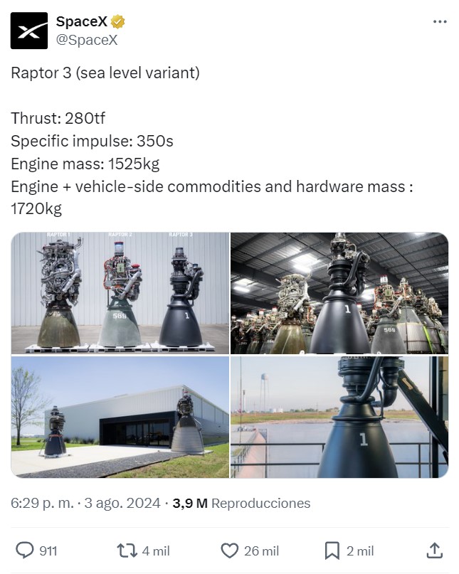 Comparativa de diseño de los motores Raptor 1, 2 y 3 de Space X.