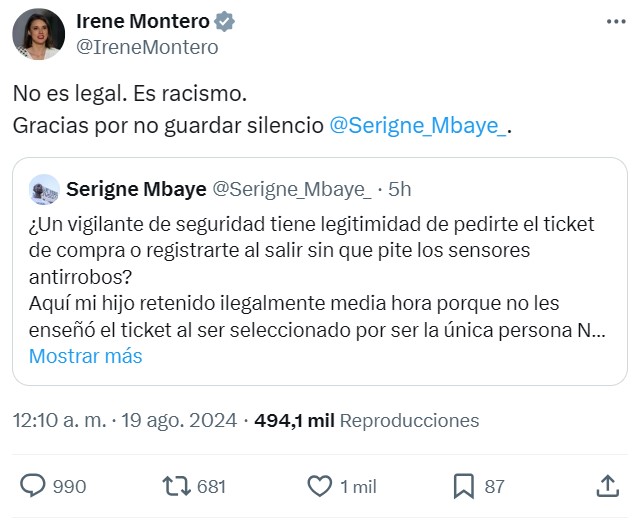 Serigne Mbaye, ex-mantero y ex-diputado de Podemos, se queja en Twitter de que un vigilante de seguridad pidiera a su hijo el ticket de compra a la salida de un Primark.