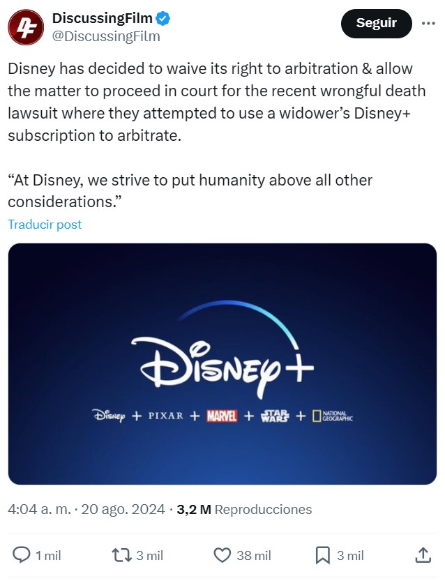 Disney ha decidido renunciar a su derecho a litigar y permitir que el asunto siga su curso en los tribunales por la reciente demanda por homіcidio imprudente en la que intentaron utilizar la suscripción Disney+ de un viudo para ganar.