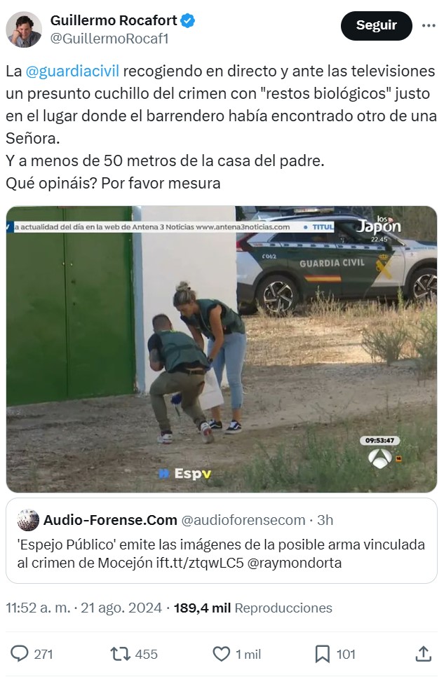 "La Policía" cree haber "encontrado" el cuchillo que usó "el presunto autor" del crimen de Mocejón.