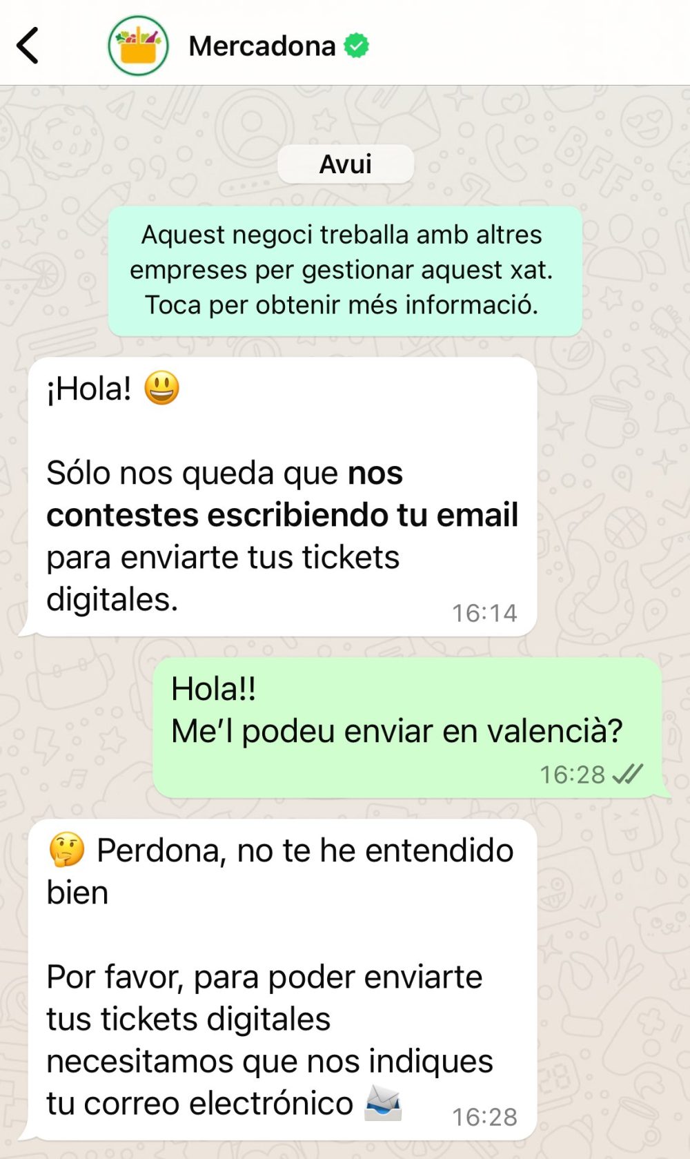 Ameba infrainteligente habla con el bot del Mercadona y cree que es una persona real.