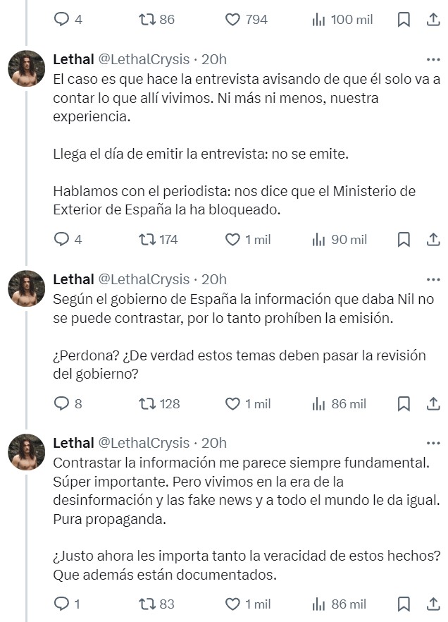 "La entrevista no se va a publicar porque el Ministerio de Exterior de España la ha bloqueado".