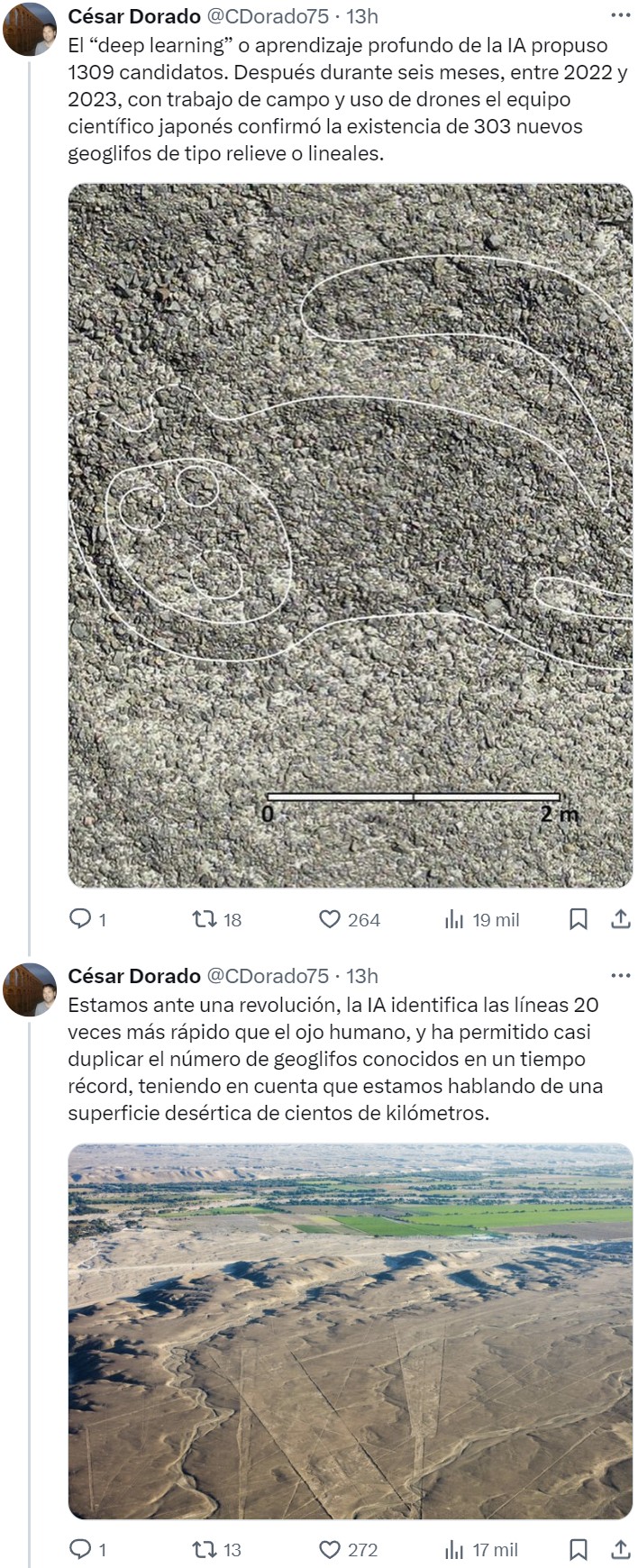 Un equipo de investigación japonés ha descubierto en 6 meses, utilizando la IA y trabajo de campo, 303 nuevos geoglifos en la Pampa de Nazca (Perú)