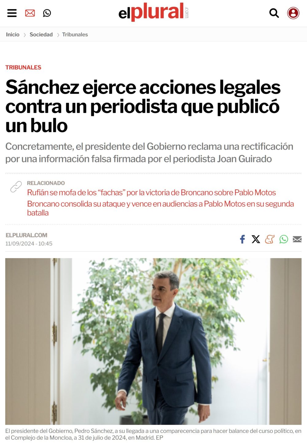 Pdro Snchz demanda a un periodista de OkDiario por decir que usaba el Falcon para irse de vacaciones.