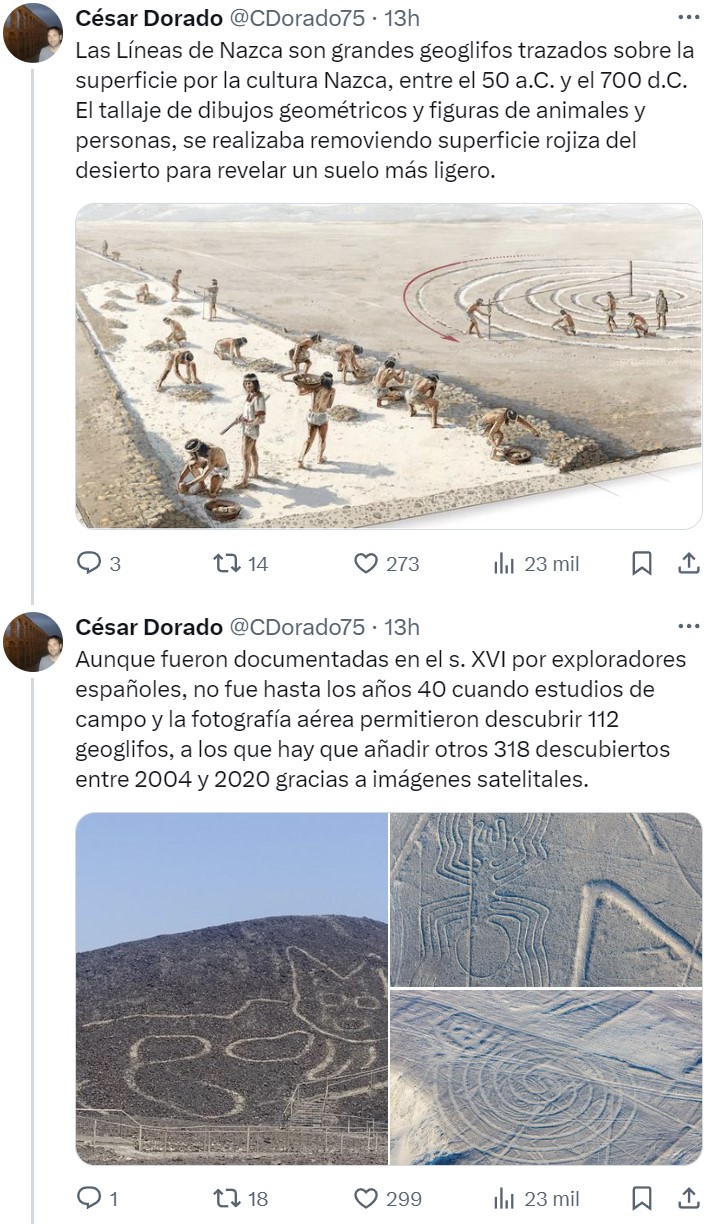 Un equipo de investigación japonés ha descubierto en 6 meses, utilizando la IA y trabajo de campo, 303 nuevos geoglifos en la Pampa de Nazca (Perú)