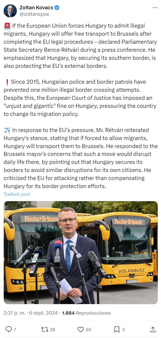 Bence Rétvári, secretario de estado del parlamento húngaro: "Si la Unión Europea obliga a Hungría a admitir a inmigrantes ilegales, Hungría les ofrecerá transporte gratuito a Bruselas una vez completados los procedimientos legales de la UE"