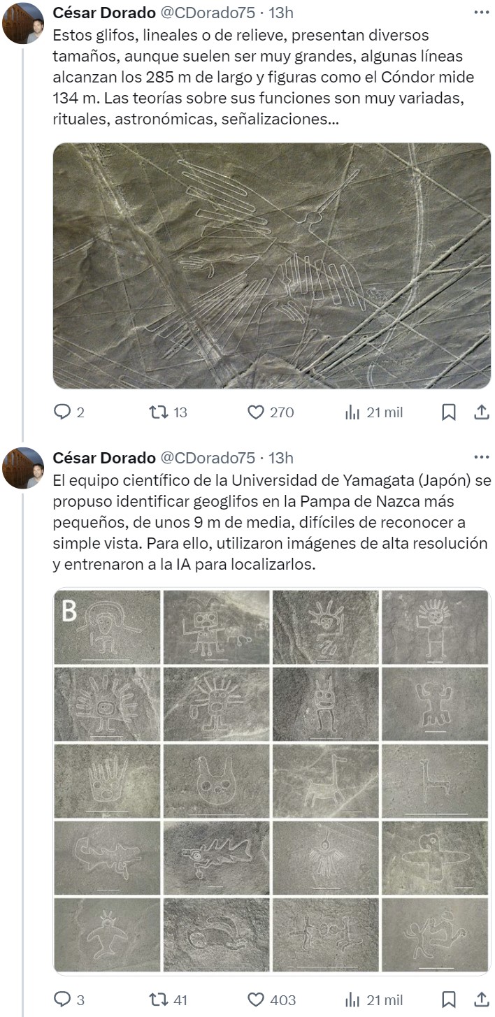 Un equipo de investigación japonés ha descubierto en 6 meses, utilizando la IA y trabajo de campo, 303 nuevos geoglifos en la Pampa de Nazca (Perú)