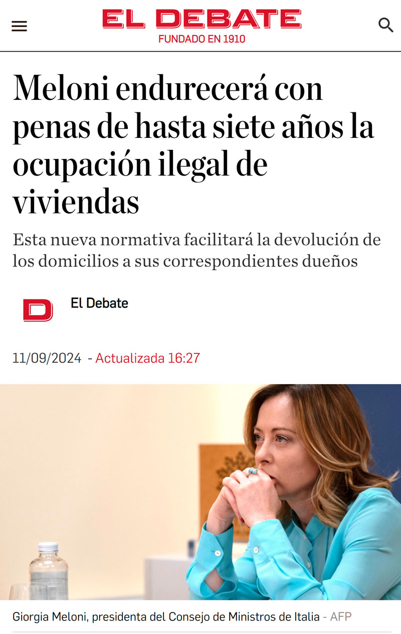 Meloni endurecerá con penas de hasta siete años la ocupación ilegal de viviendas.
