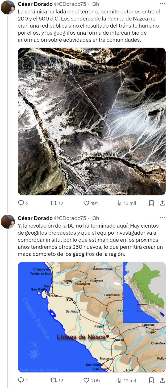 Un equipo de investigación japonés ha descubierto en 6 meses, utilizando la IA y trabajo de campo, 303 nuevos geoglifos en la Pampa de Nazca (Perú)
