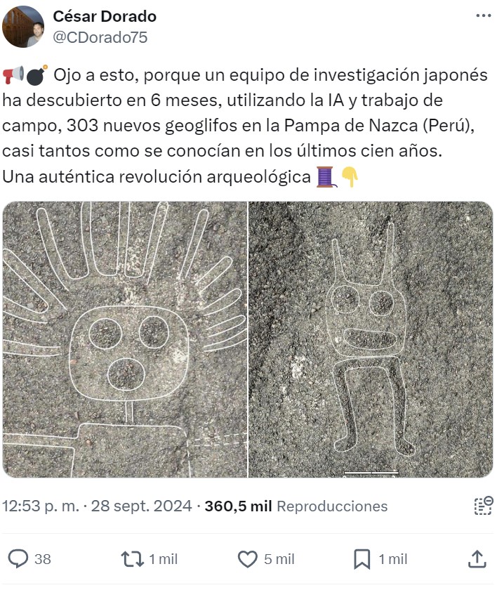 Un equipo de investigación japonés ha descubierto en 6 meses, utilizando la IA y trabajo de campo, 303 nuevos geoglifos en la Pampa de Nazca (Perú)