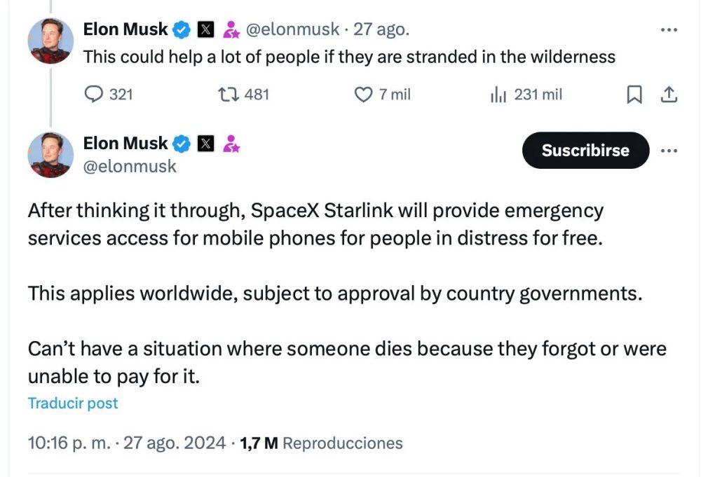 Elon Musk ofrecerá la red Starlink para poder hacer llamadas de emergencia GRATIS desde cualquier parte del mundo. Solo necesitarás tener batería.