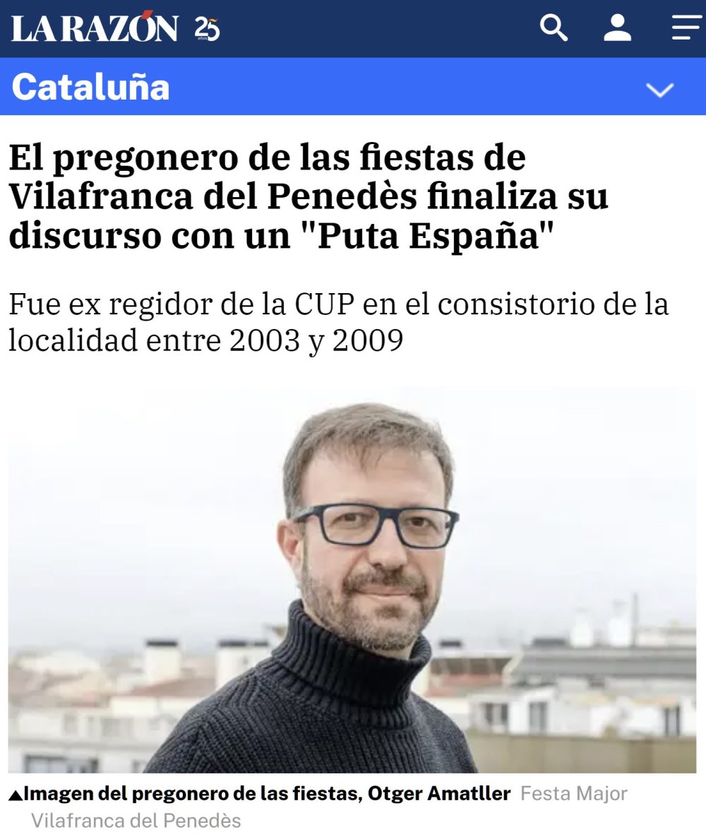 El pregonero de las fiestas de Vilafranca del Penedés termina su discurso sin que se noten nada sus complejos.