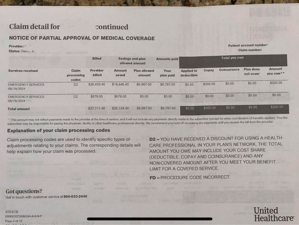 Un finolier que vive en EEUU nos muestra la factura de la operación de apendicitis de su mujer.
