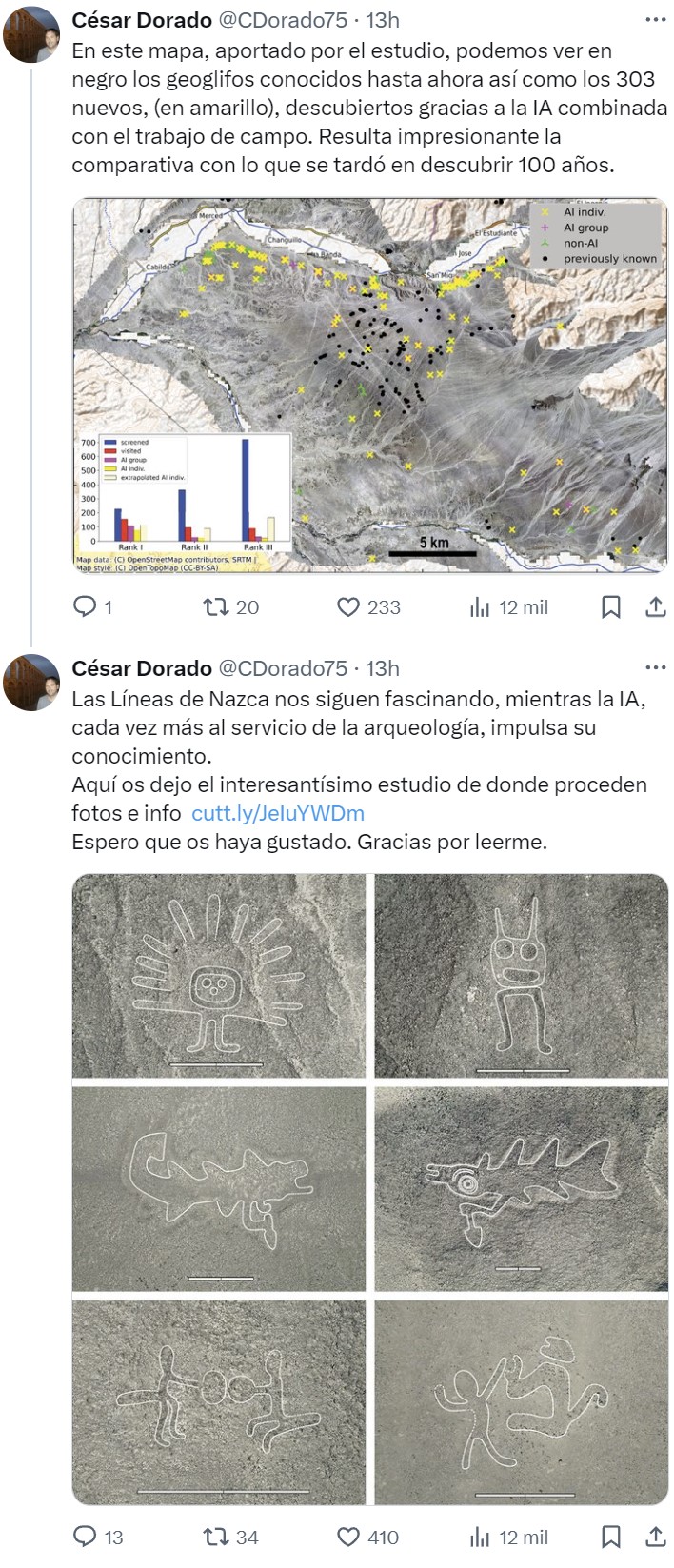 Un equipo de investigación japonés ha descubierto en 6 meses, utilizando la IA y trabajo de campo, 303 nuevos geoglifos en la Pampa de Nazca (Perú)