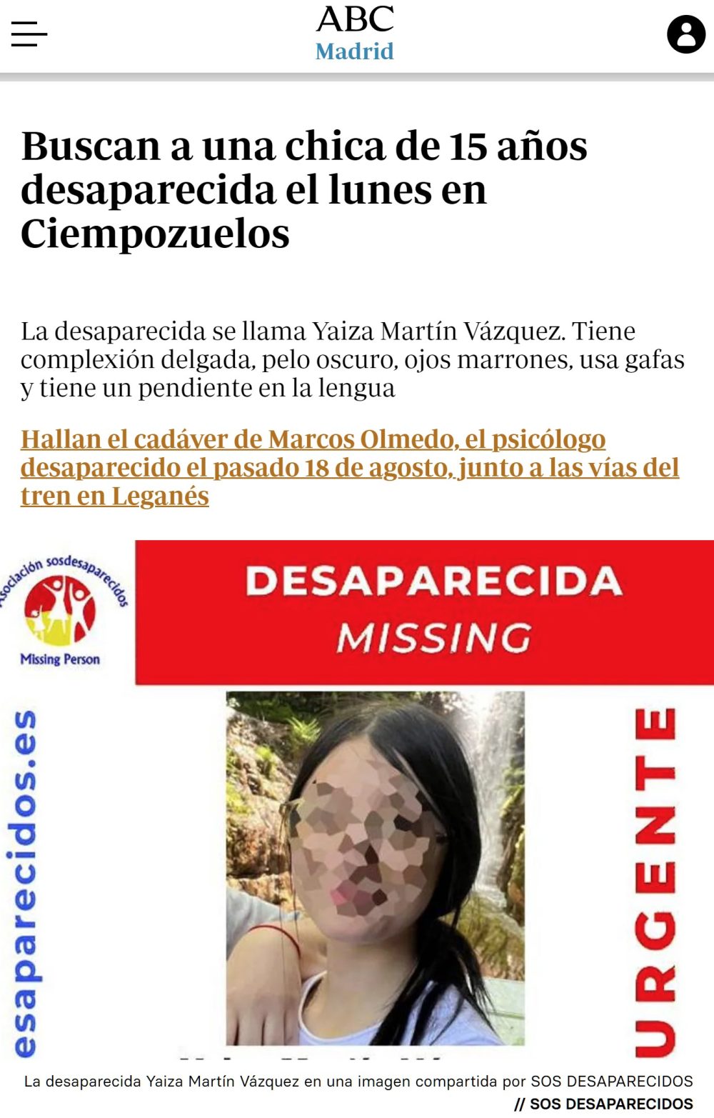 ABC publica un artículo para encontrar a una chica perdida y... pixelan su cara.