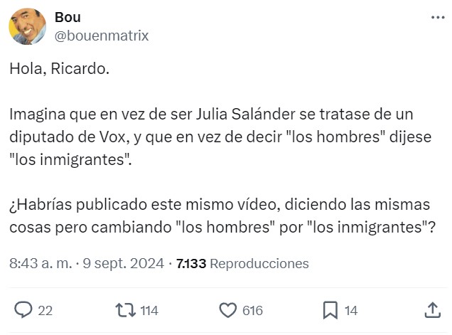 Ricardo Moya sale en defensa de su entrevistada, Julia Salander, después de que se viralizase su clip: "todos los hombres son vioIadores en potencia"