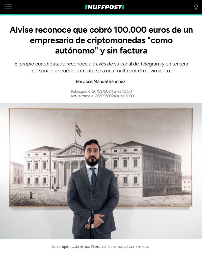 Alvise reconoce que cobró los 100.000 euros en efectivo y sin factura.