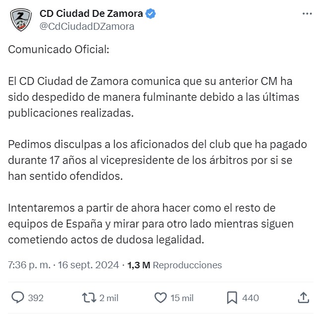 El Club Deportivo Ciudad de Zamora anuncia que ha despedido a su CM, pero...