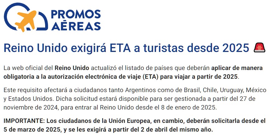 Reino Unido exigirá un permiso electrónico a los turistas de la Unión Europea a partir de abril de 2025, y se llamará ETA