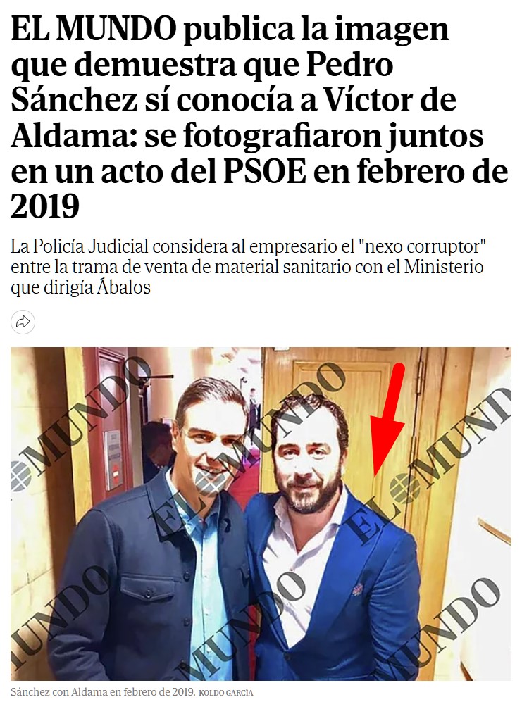 La foto de Pedro Sánchez con Aldama que hoy será portada en El Mundo.