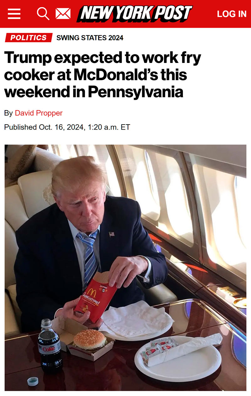 Trump trabajará oficialmente en un McDonald's en Pensilvania este fin de semana para demostrar que ha trabajado en McDonald's más tiempo que Kamala Harris.