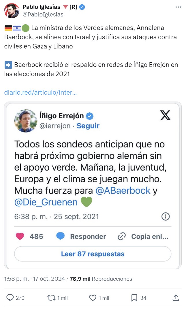 Pablo Iglesias intenta atacar miserablemente a Errejón por apoyar a los verdes alemanes en 2021.