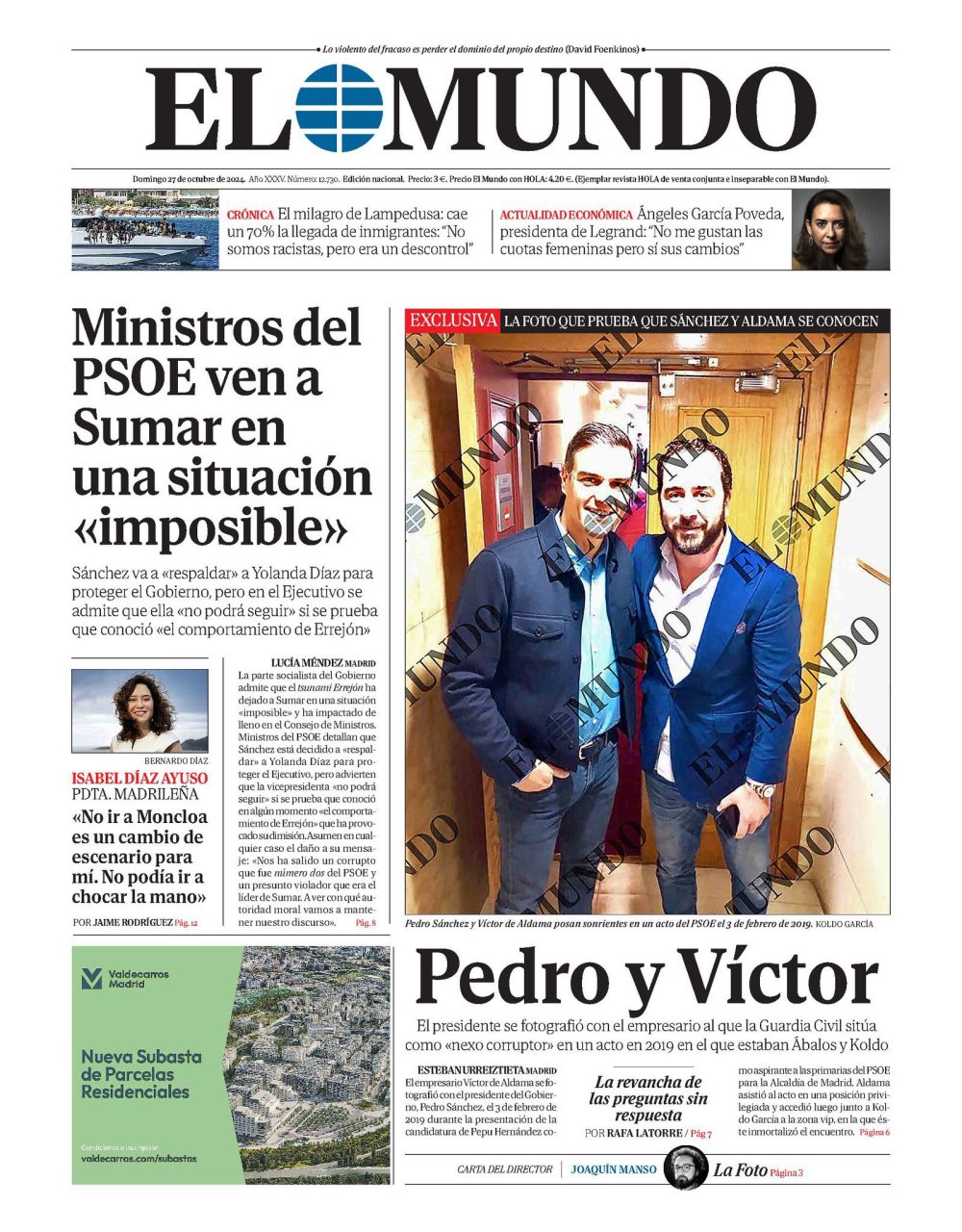 La foto de Pedro Sánchez con Aldama que hoy será portada en El Mundo.