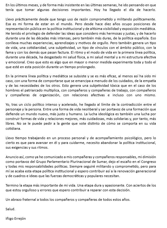 Errejón Dimite y anuncia que abandona la política.
