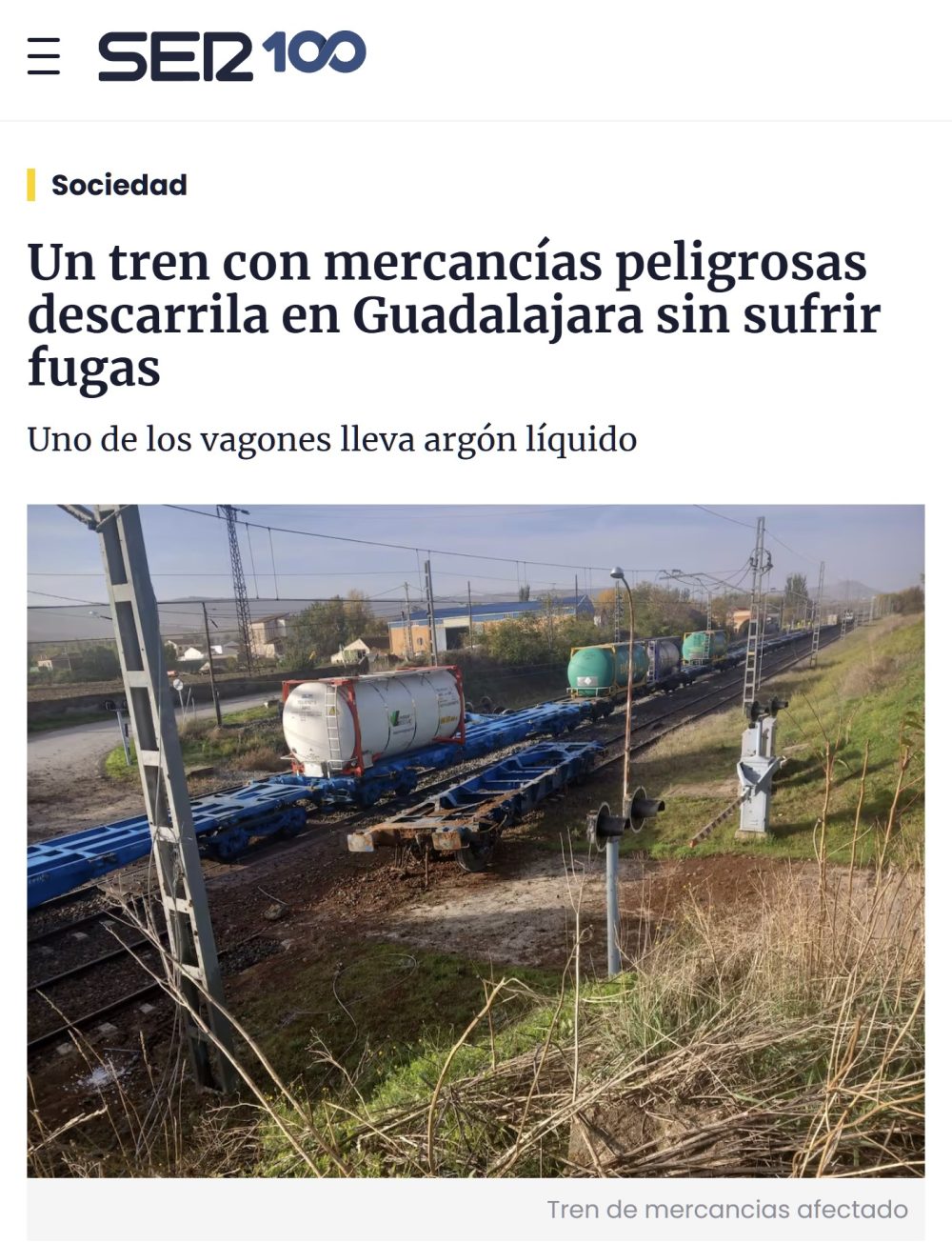 Descarrila un tren de mercancías peligrosas en Guadalajara.