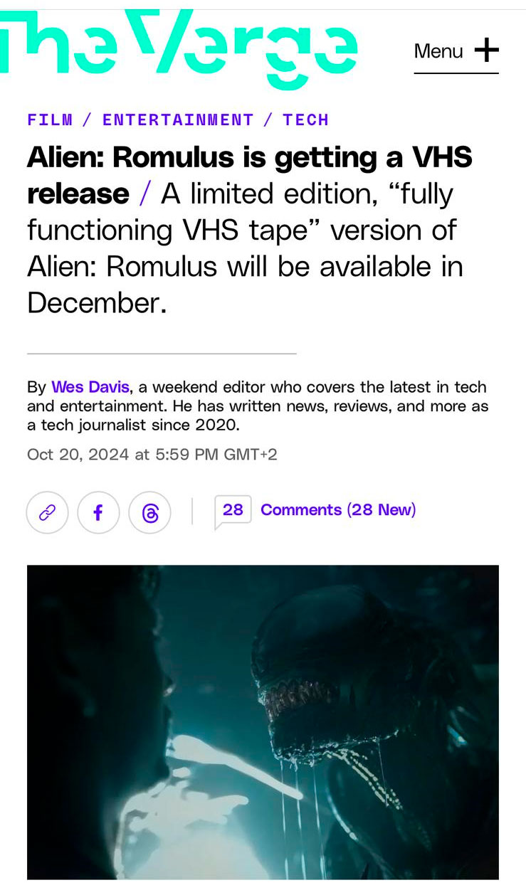 Van a sacar Alien Romulus en VHS...