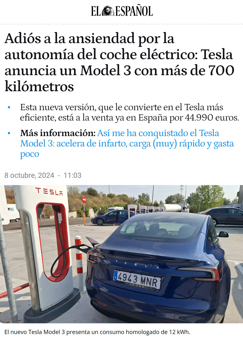 Tesla pone a la venta el Model 3 gran autonomía con tracción trasera y 702km de autonomía WLTP por 44.760€.