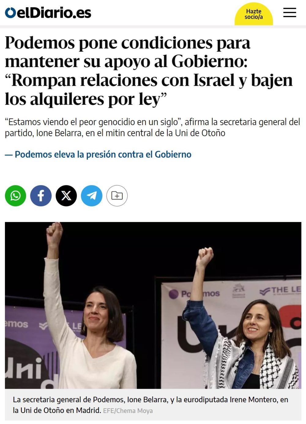 Podemos quiere imponer limitación de precios de alquiler y rotura de relaciones con Israel.