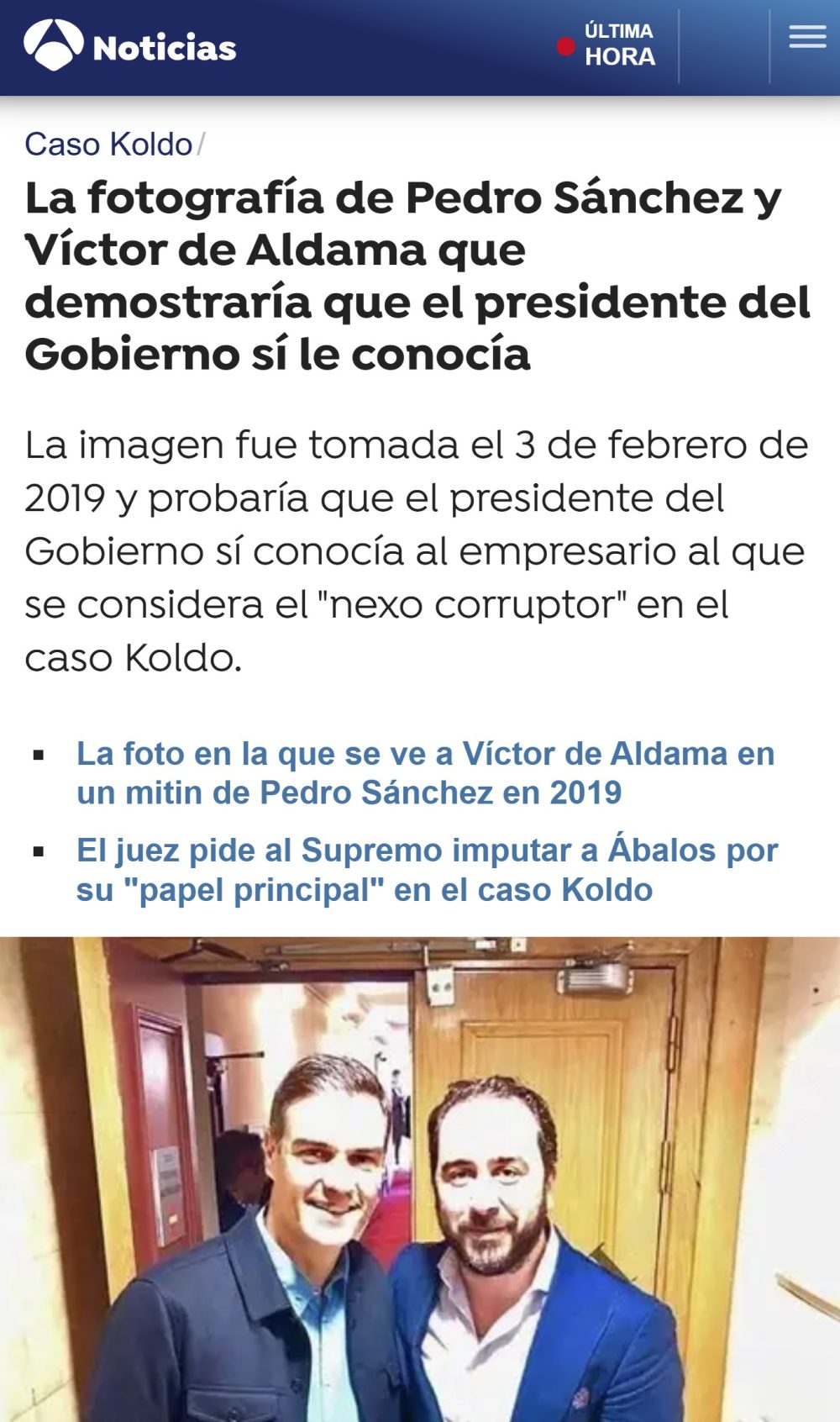 La foto de Pedro Sánchez con Aldama que hoy será portada en El Mundo.