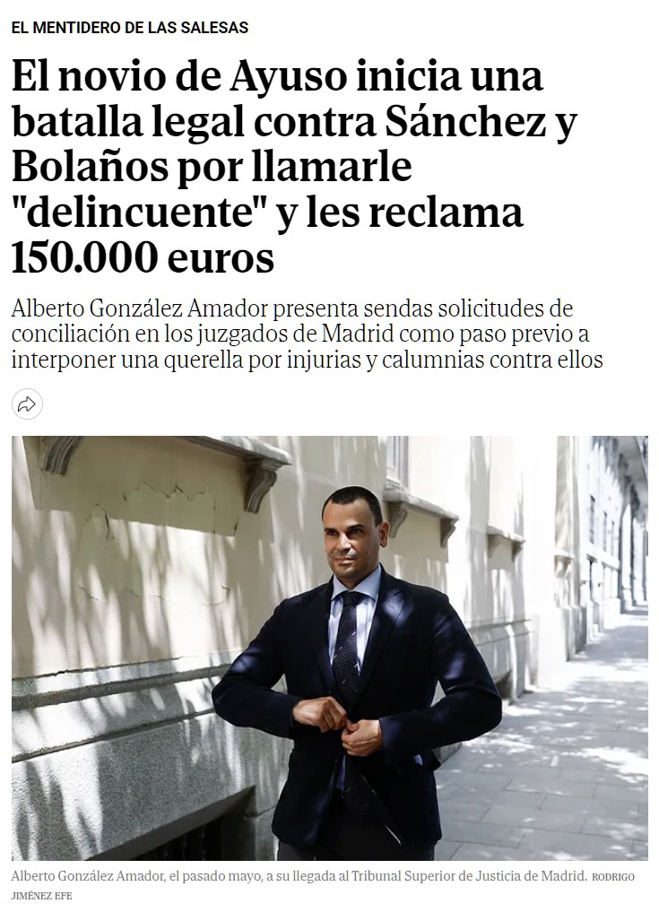 El novio de Ayuso inicia una batalla legal contra Sánchez y Bolaños por llamarle "delincuente" y les reclama 150.000 euros