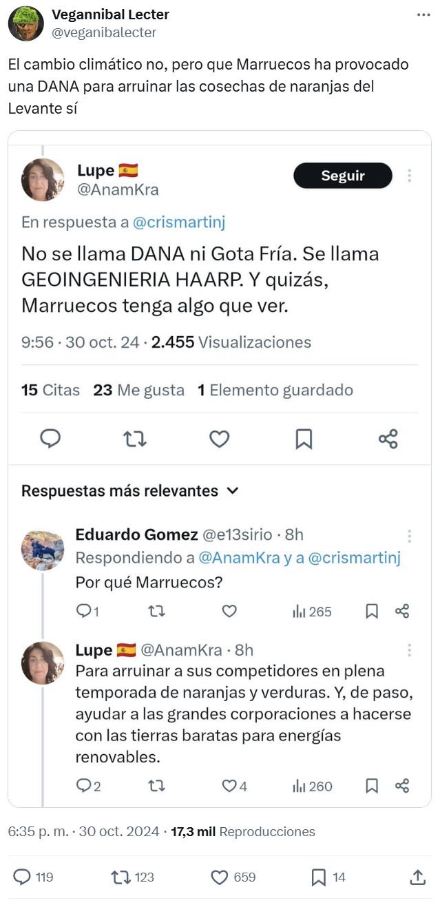 Agricultores marroquíes usando geoingeniería HAARP para crear una DANA en Valencia y ganar la batalla de las naranjas.