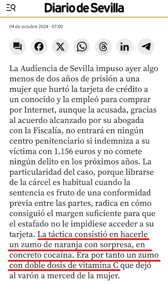Condenan a una vecina de Sevilla por ponerle un zumo con cocaína a un conocido para estafarlo.