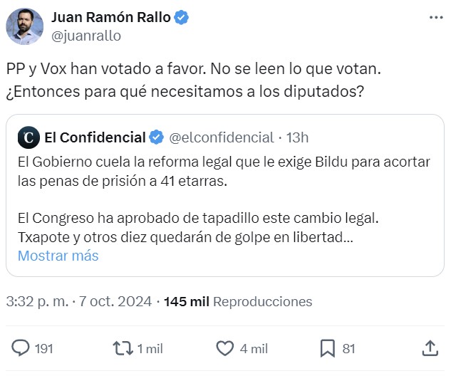 PDRO nos la ha vuelto a meter: acepta una reforma que reducirá las penas a 41 etarras.