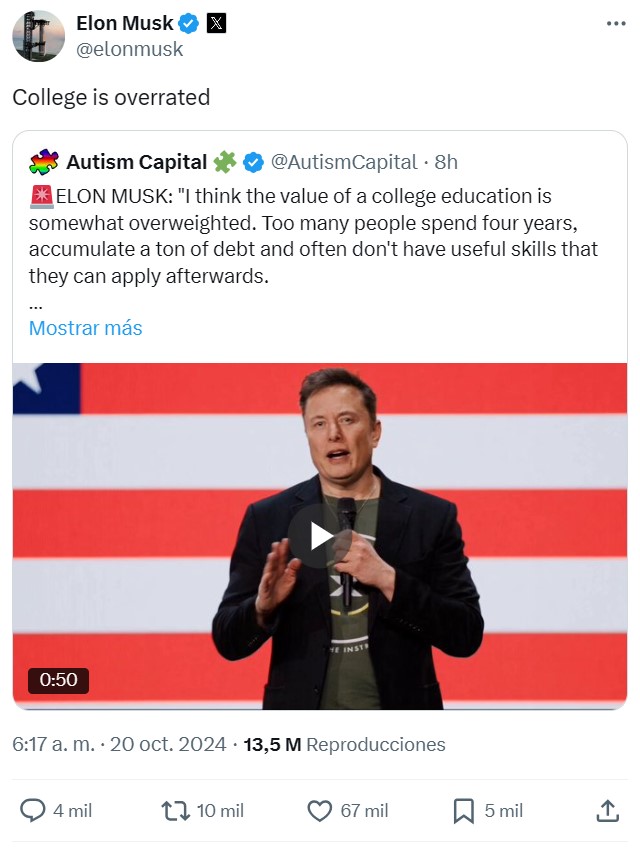 Elon Musk: "La universidad está sobrevalorada".