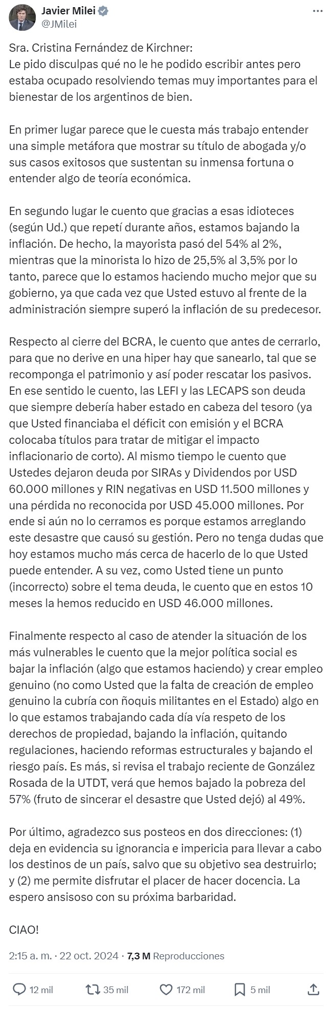 Tuit de Javier Milei dedicado a Cristina Fernández de Kitchner.