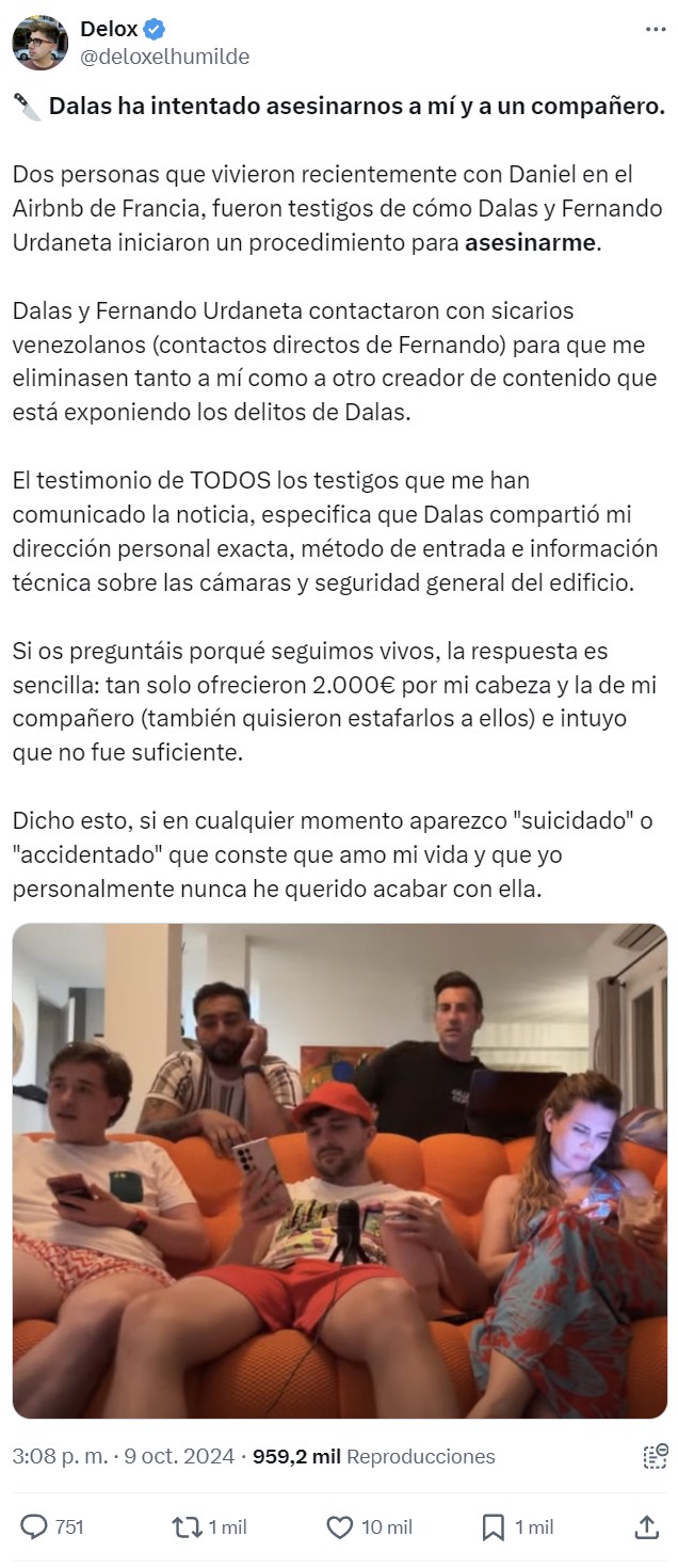 El youtuber Delox afirma que Dalas Review ha intentado matarIe.