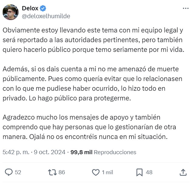 El youtuber Delox afirma que Dalas Review ha intentado matarIe.