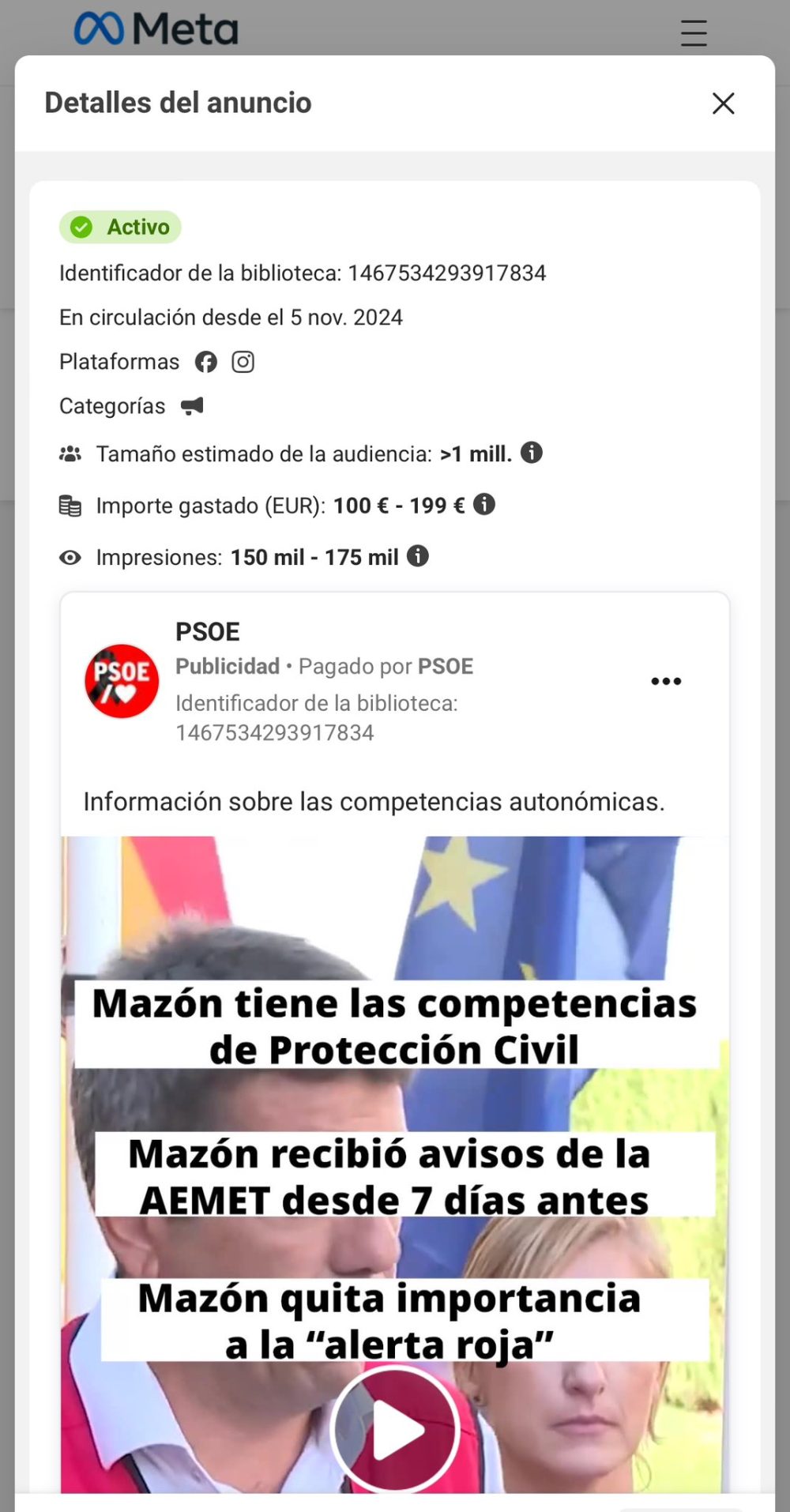 El PSOE está gastando dinero en publicidad en Facebook para descargarse de responsabilidad por la DANA.