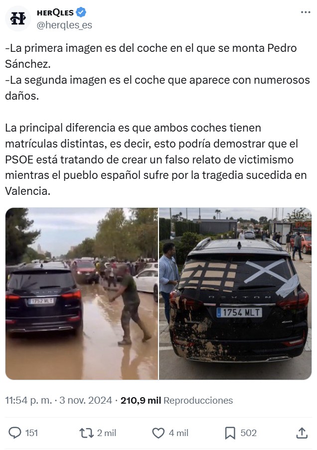 El Coronel Baños se monta tremenda película (para variar) con los cristales de uno de los coches en los que se desplazaron Rey, Pedro Sánchez y Mazón.