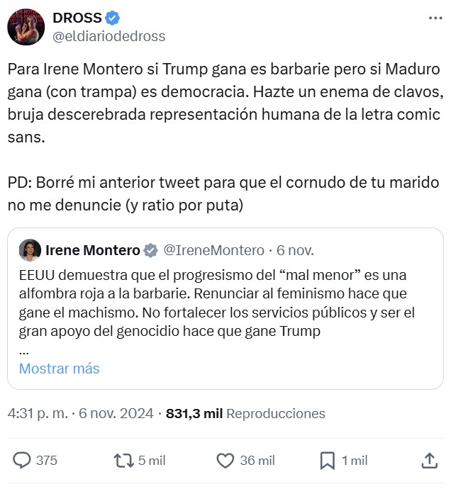 Para Irene Montero la victoria de Trump es "barbarie".