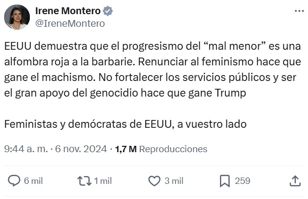 Para Irene Montero la victoria de Trump es "barbarie".