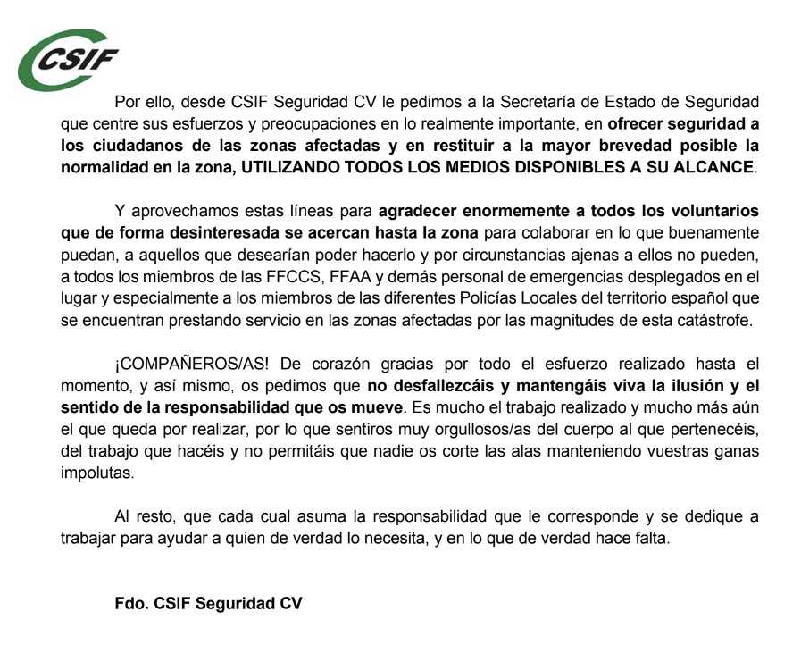 La Secretaría de Estado envía un comunicado en el que PROHIBE a los cuerpos de policía Local ayudar en Valencia.